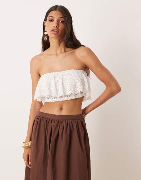 ASOS DESIGN - Kanten bandeau-bralette top met ruches langs de rand in ivoorwit - view 1