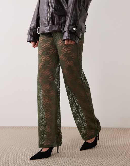 ASOS DESIGN kanten broek met wijde pijpen in kaki, 2 van 5