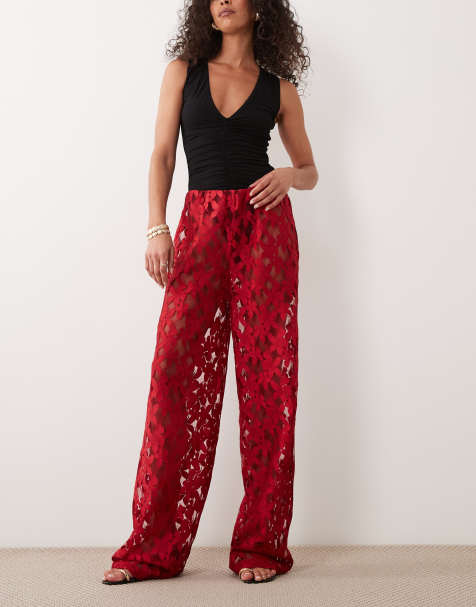 ASOS DESIGN - Kanten broek met wijde pijpen in rood - view 1