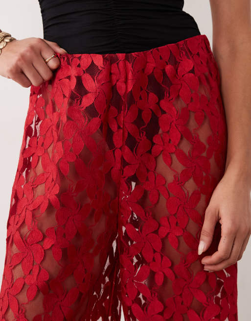 ASOS DESIGN - Kanten broek met wijde pijpen in rood, 3 van 5