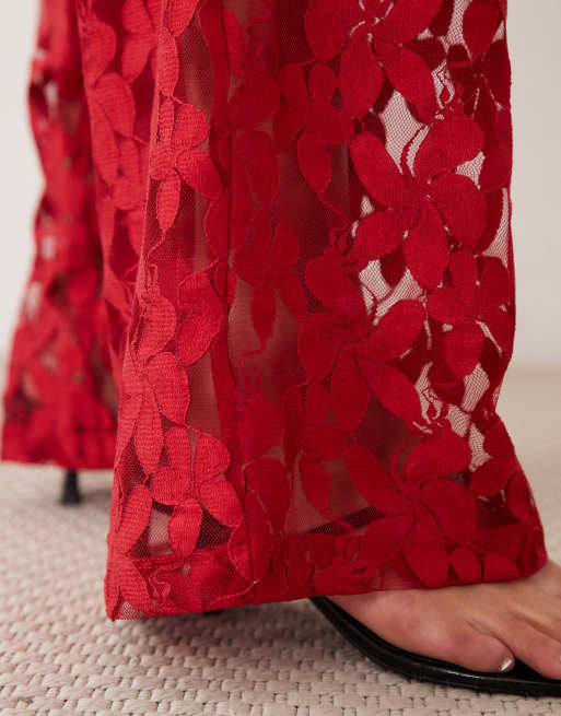 ASOS DESIGN - Kanten broek met wijde pijpen in rood, 4 van 5