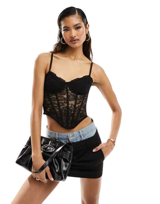 ASOS DESIGN - Kanten korset met baleinen en cupdetail in zwart