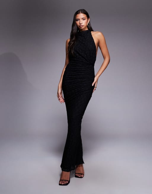 ASOS DESIGN - Kanten maxi halterjurk met gedraaid bustedetail in zwart, 3 van 4