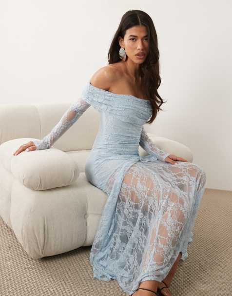 ASOS DESIGN - Kanten maxi-jurk met blote schouders en lange mouwen in blauw - view 1