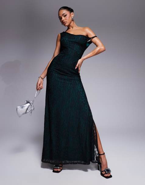 ASOS DESIGN - Kanten maxi jurk met gedraaide schouder en contrasterende voering in groen - view 1