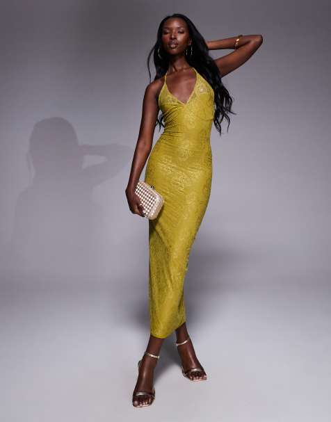 ASOS DESIGN - Kanten maxi-jurk met halternek in chartreuse - view 1