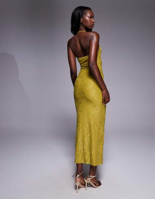 ASOS DESIGN - Kanten maxi-jurk met halternek in chartreuse, 4 van 4