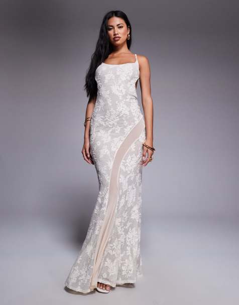 ASOS DESIGN - Kanten maxi-jurk met mesh inzetstuk in crème - view 1
