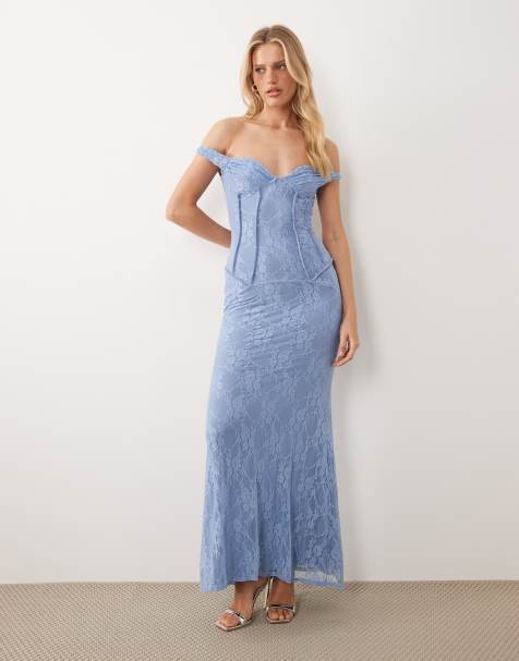 ASOS DESIGN - Kanten maxi jurk met zichtbare naden en gedraaide bandjes in babyblauw - view 1