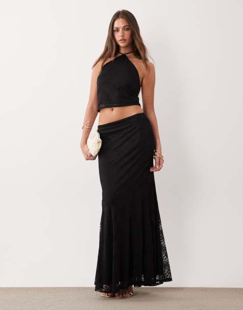 ASOS DESIGN - Kanten maxi rok met fishtail in zwart, deel van co-ord set - view 1
