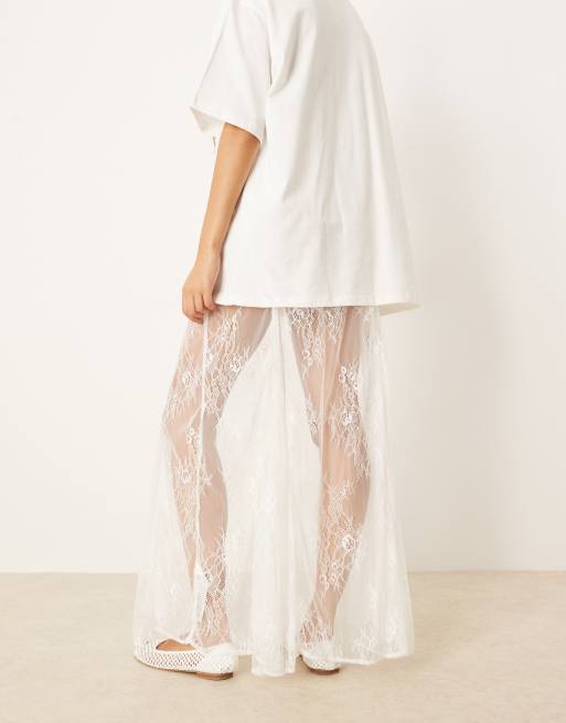 ASOS DESIGN - Kanten maxi rok met godetplooien in ivoorwit, 3 van 5