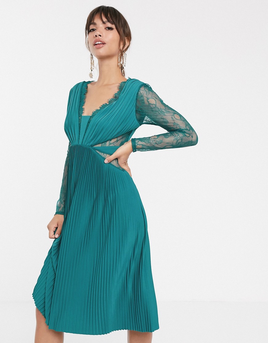 ASOS DESIGN - Kanten midi-jurk met plooien en lange mouwen-Groen