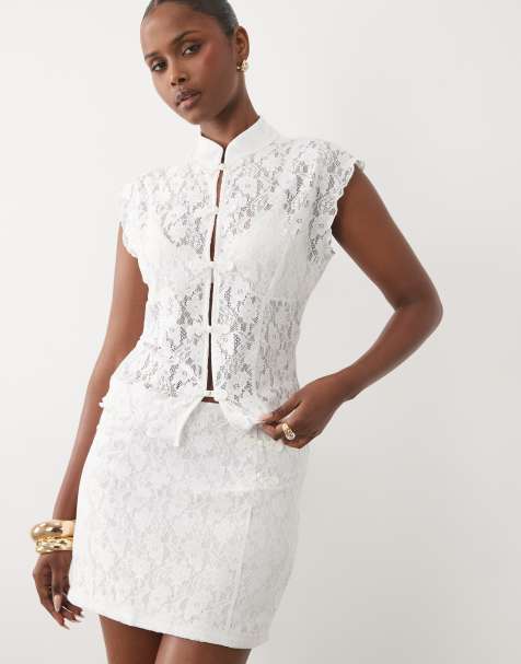 ASOS DESIGN - Kanten tanktop met rouleau-kraag in wit, deel van co-ord set - view 1