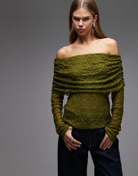 ASOS DESIGN - Kanten top met blote schouders en omslag in groen - view 1