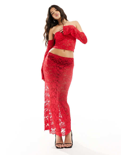 ASOS DESIGN - Kanten top met blote schouders in rood, deel van co-ord set, 2 van 4