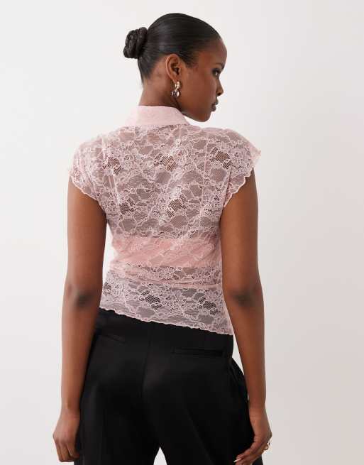ASOS DESIGN - Kanten top met kraagje en strikjes in oudroze, 4 van 4