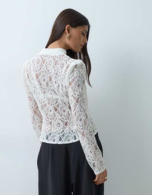 ASOS DESIGN kanten top met lange mouwen en opstaande kraag in wit, 5 van 5