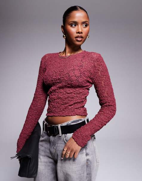 ASOS DESIGN -Kanten top met lange mouwen in bordeauxrood - view 1