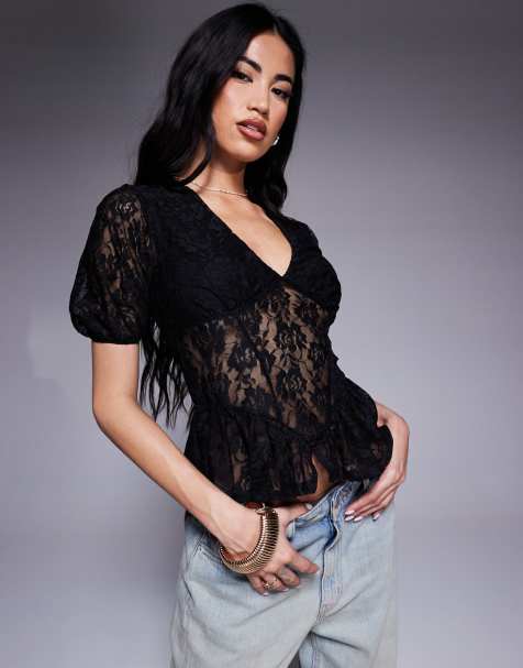 ASOS DESIGN - Kanten top met pofmouwen en naaddetail in zwart - view 1