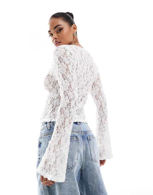 ASOS DESIGN - Kanten top met textuur en gestrikte voorkant in ivoor, 2 van 4
