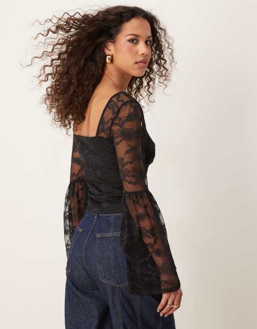 ASOS DESIGN - Kanten top met uitlopende mouwen in zwart, 3 van 4