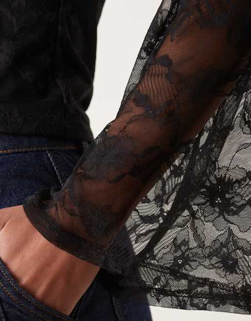 ASOS DESIGN - Kanten top met uitlopende mouwen in zwart, 4 van 4
