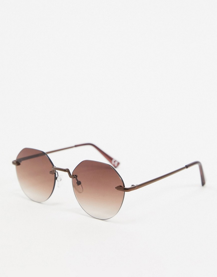 ASOS DESIGN – Kantiga solglasögon utan bågar med bruna metallskalmar och bruna, tonade glas