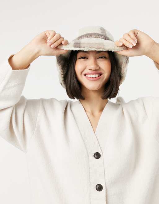 ASOS DESIGN – Kapelusz typu bucket ze sztucznego kożuszka ze wzorem w kratę i z wywijanym rondem