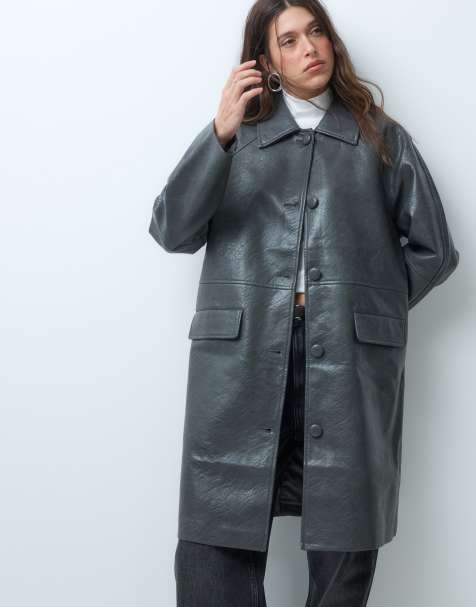 ASOS DESIGN kappa i läderlook med hög krage och knäppning framtill i grått - view 1