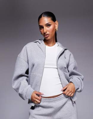 ASOS DESIGN - Kapuzenjacke in Grau meliert mit durchgehendem Reißverschluss und Ballonärmeln, Kombiteil