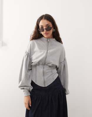ASOS DESIGN - Kapuzenjacke in grauer Acid-Waschung mit Stehkragen und Korsettdetail