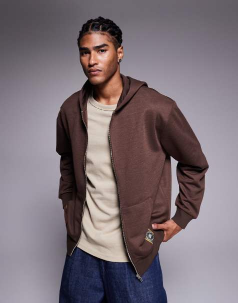 ASOS DESIGN – Kapuzenjacke mit Waffelstruktur und durchgehendem Reißverschluss in Braun - view 1