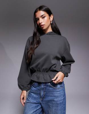 ASOS DESIGN - Kapuzenpullover aus Interlock-Stoff in Anthrazit mit geraffter Taille-Grau