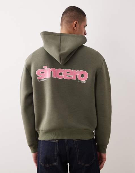 ASOS DESIGN – Kapuzenpullover aus Material in Neopren-Optik in staubigem Olivgrün mit Textprint und lockerer Passform - view 1