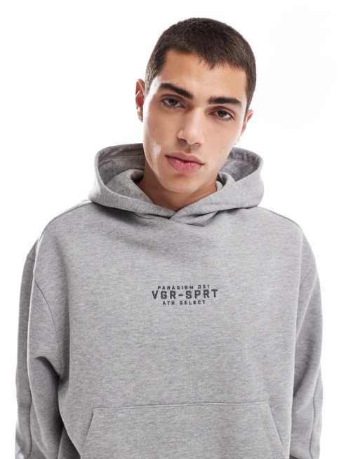 ASOS DESIGN – Kapuzenpullover aus schwerem Material in meliertem Grau mit Sport-Print vorne, 4 von 4