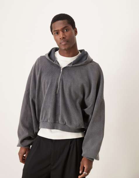 ASOS DESIGN – Kapuzenpullover aus schwerem Rippmaterial in verwaschenem Grau mit extremer, kastiger Oversize-Passform und kurzem Reißverschluss - view 1