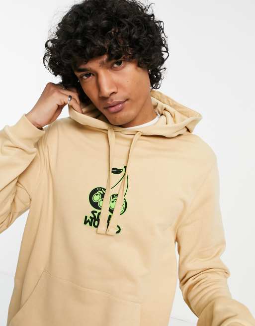 ASOS DESIGN – Kapuzenpullover in Beige mit Kirschen-Print in Neonfarbe vorne, 3 von 4