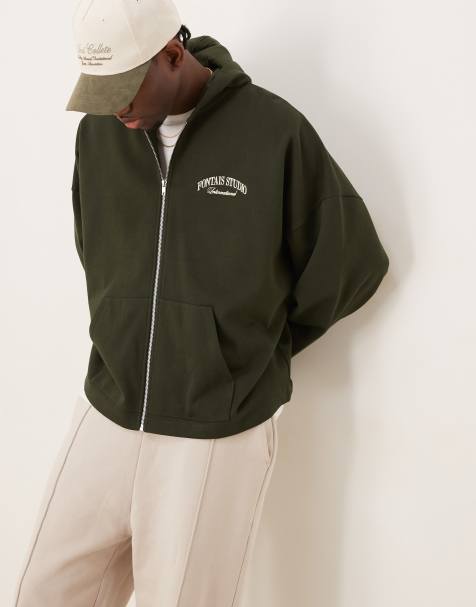 ASOS DESIGN – Kapuzenpullover in Dunkelgrün mit extremer Oversize-Passform sowie Brust- und Rückenprint - view 1