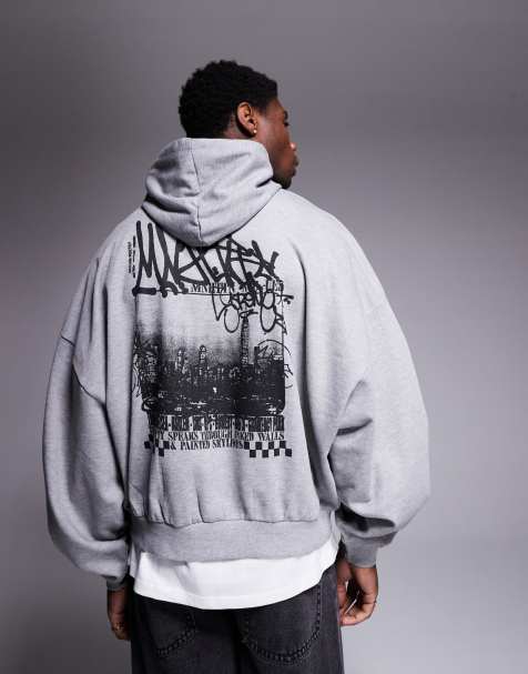 ASOS DESIGN – Kapuzenpullover in Grau meliert mit extremer Oversize-Passform und Graffiti-Print - view 1
