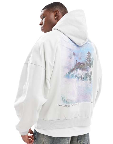 ASOS DESIGN – Kapuzenpullover in Grau mit extremem Oversize-Schnitt mit Berg-Rückenprint - view 1