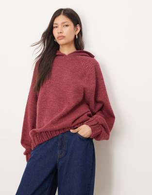 ASOS DESIGN - Kapuzenpullover in meliertem Burgunderrot mit Bindedetail am Saum-Rosa