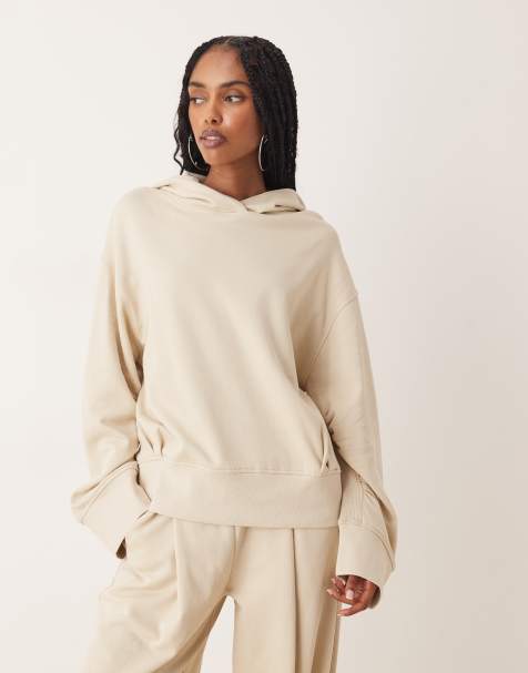 ASOS DESIGN – Kapuzenpullover in Taupe mit Waffelstruktur-Einsatz, Kombiteil - view 1