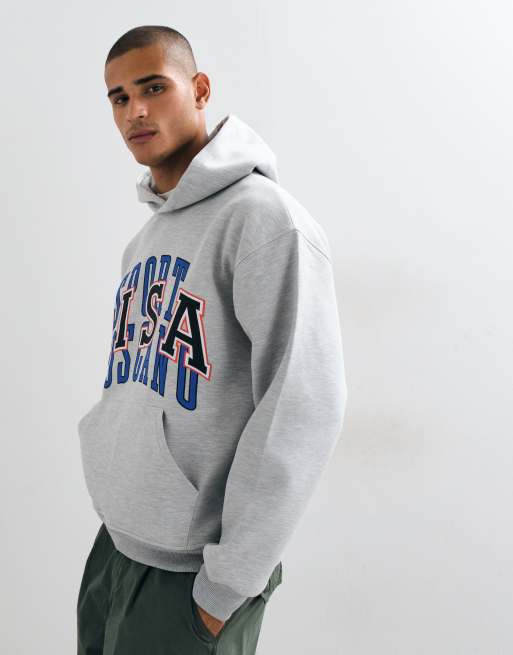 ASOS DESIGN Kapuzenpullover mit Frontprint aus Scuba-Material in Graumeliert, 3 von 5