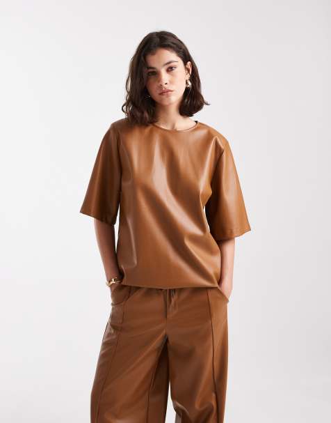 ASOS DESIGN - Karamelbrun og oversized top i imiteret læder - Del af sæt - view 1