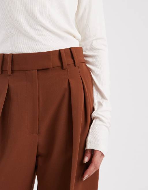 ASOS DESIGN - Karamelbrune skræddersyede bukser med vide ben og plisserede detaljer, 4 af 5