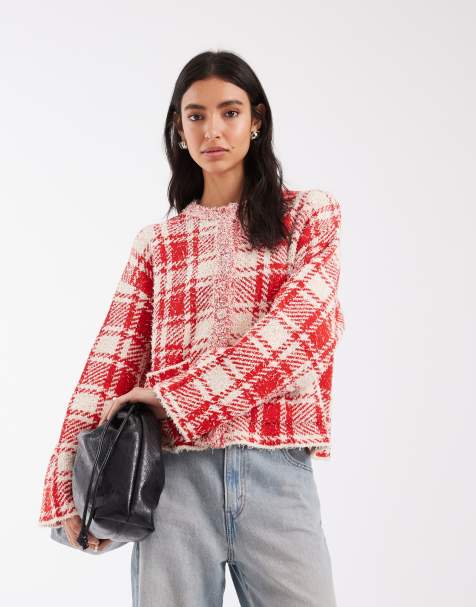ASOS DESIGN kardigan dzianinowy w czerwoną i ecru kratę - view 1