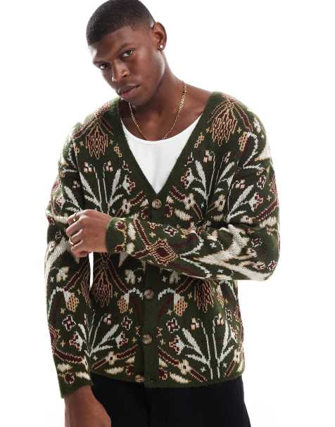 ASOS DESIGN – Kardigan o luźnym kroju z dzianiny w kolorze khaki we wzór paisley - view 1