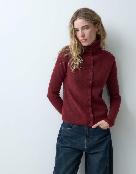 ASOS DESIGN kardigan prążkowany z golfem w kolorze burgundowym - view 1