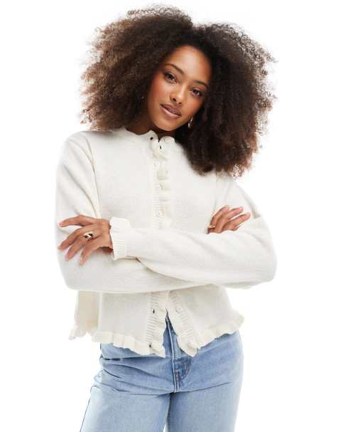 ASOS DESIGN button front cardigan with frill  in ecru