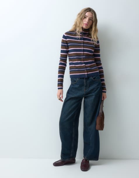 ASOS DESIGN kardigan w prążki z golfem, w kolorach choc pink i granatowym - view 1